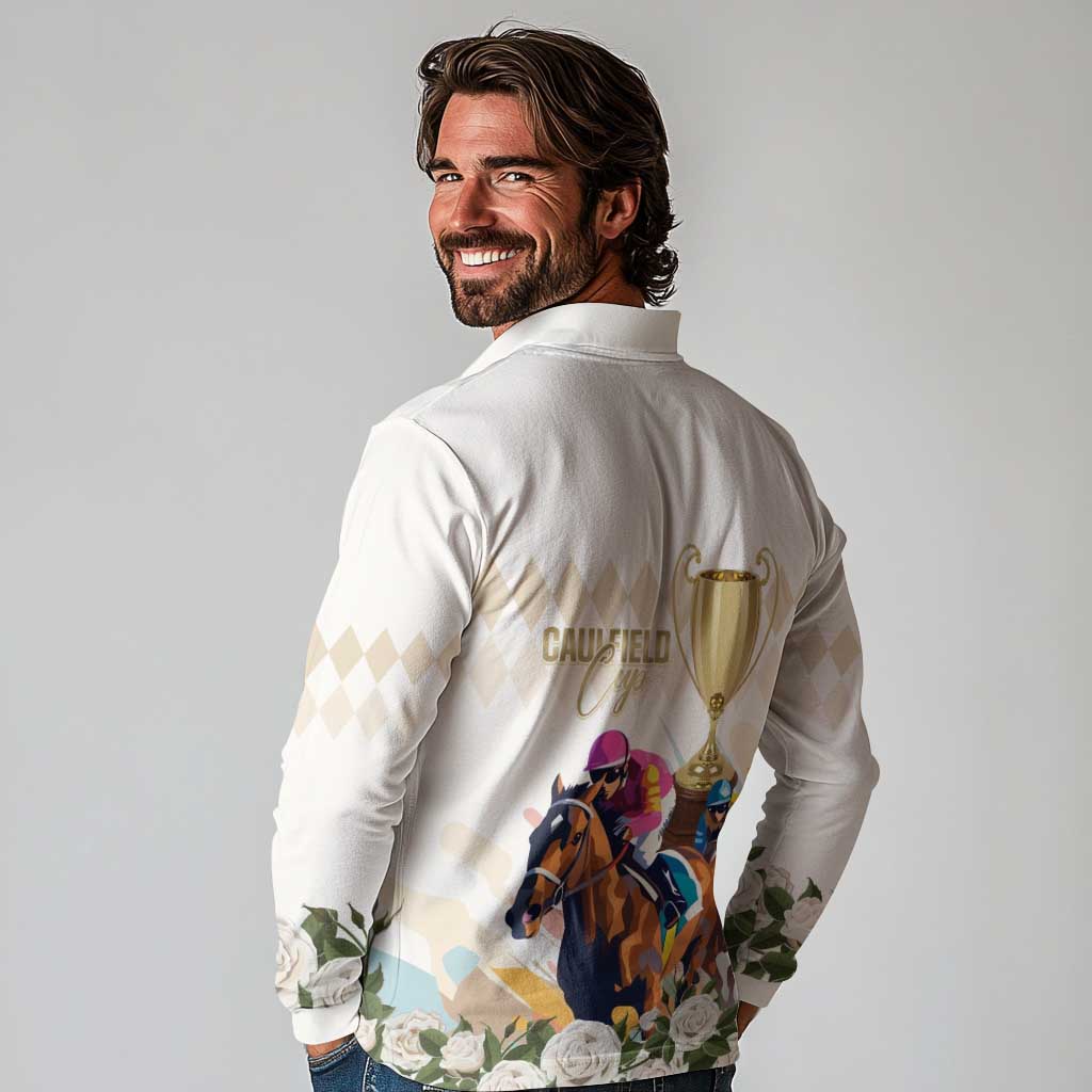 Australia Cup Caulfield Horse Racing Long Sleeve Polo Shirt Champion Trophy Mix White Roses - Wonder Print Shop