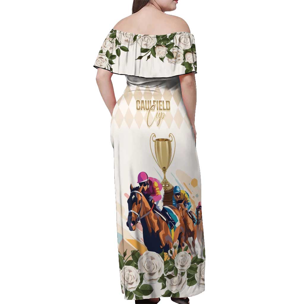 Australia Cup Caulfield Horse Racing Off Shoulder Maxi Dress Champion Trophy Mix White Roses - Wonder Print Shop