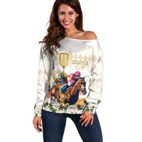 Australia Cup Caulfield Horse Racing Off Shoulder Sweater Champion Trophy Mix White Roses - Wonder Print Shop