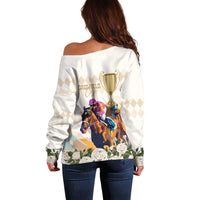 Australia Cup Caulfield Horse Racing Off Shoulder Sweater Champion Trophy Mix White Roses - Wonder Print Shop