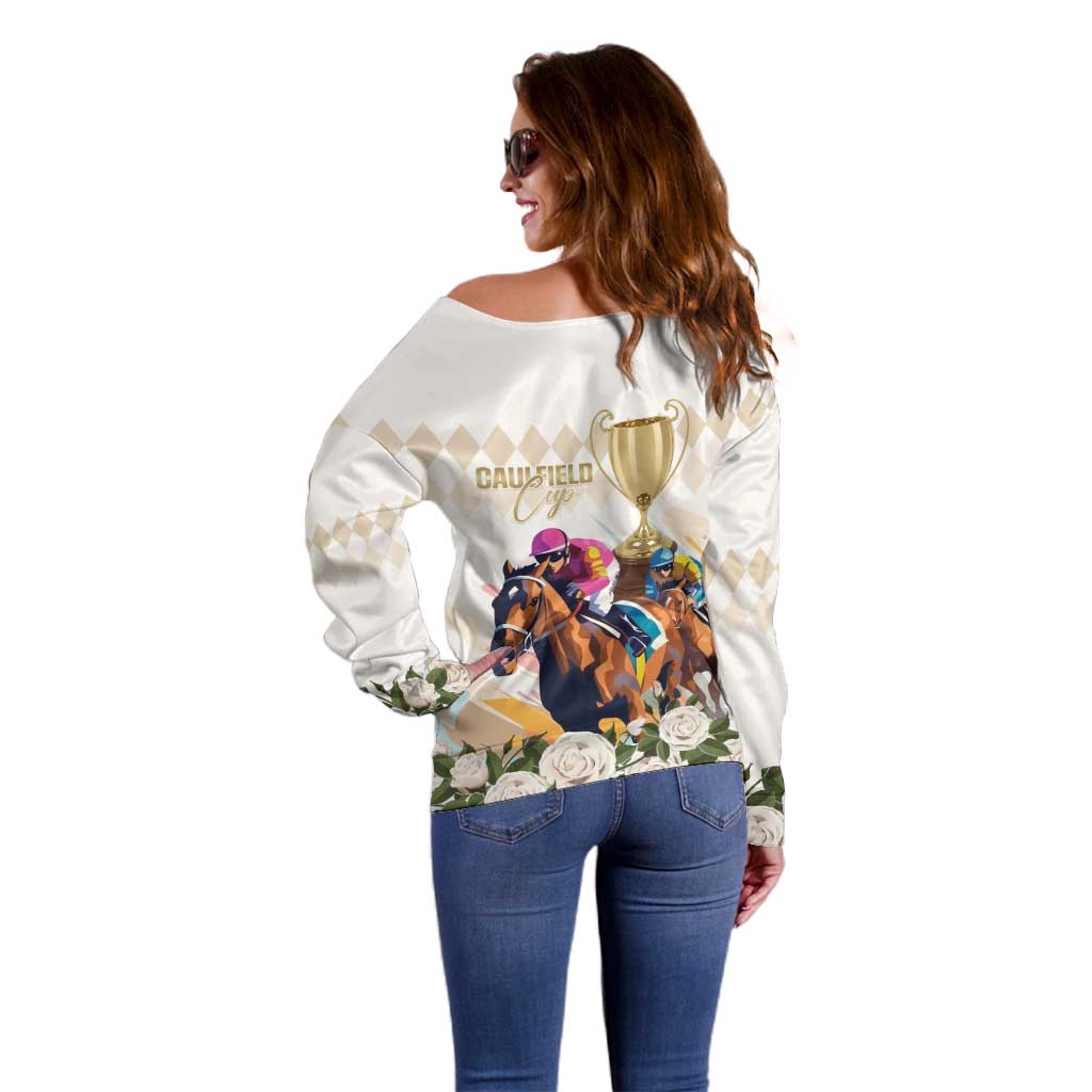 Australia Cup Caulfield Horse Racing Off Shoulder Sweater Champion Trophy Mix White Roses - Wonder Print Shop