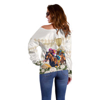 Australia Cup Caulfield Horse Racing Off Shoulder Sweater Champion Trophy Mix White Roses - Wonder Print Shop