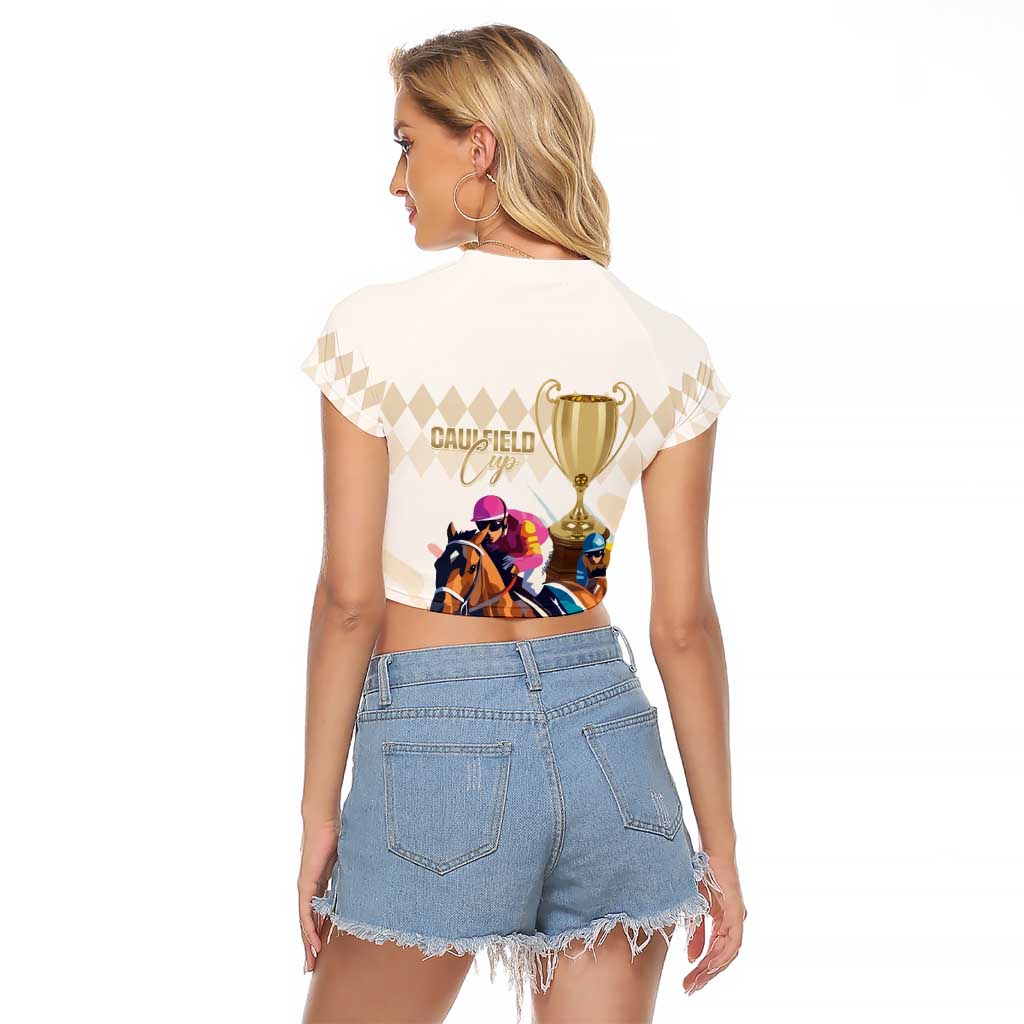 Australia Cup Caulfield Horse Racing Raglan Cropped T Shirt Champion Trophy Mix White Roses - Wonder Print Shop