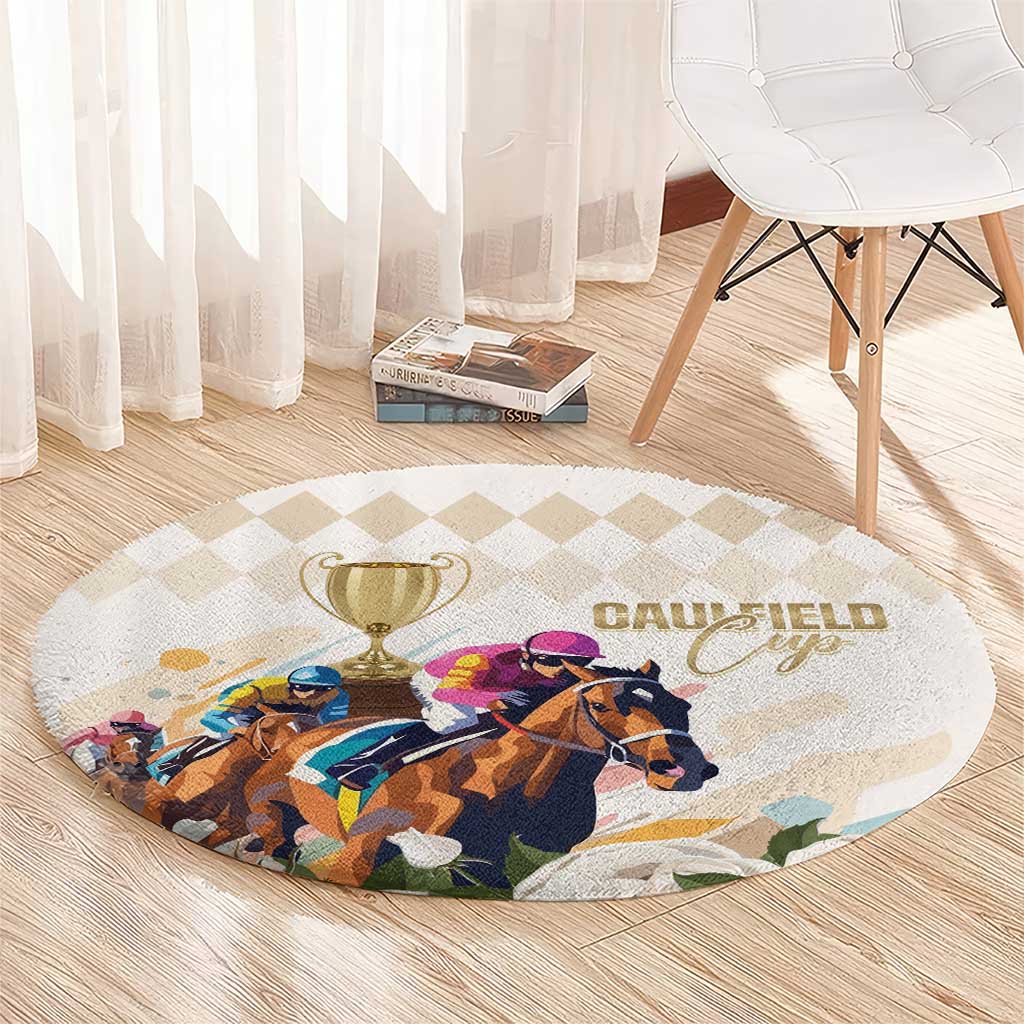 Australia Cup Caulfield Horse Racing Round Carpet Champion Trophy Mix White Roses - Wonder Print Shop