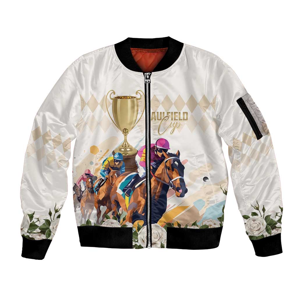 Australia Cup Caulfield Horse Racing Sleeve Zip Bomber Jacket Champion Trophy Mix White Roses - Wonder Print Shop