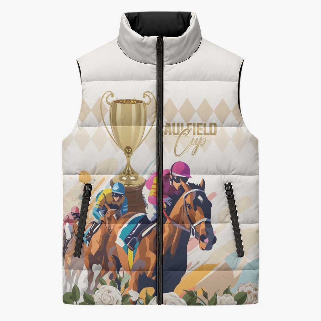 Australia Cup Caulfield Horse Racing Sleeveless Puffer Jacket Champion Trophy Mix White Roses - Wonder Print Shop