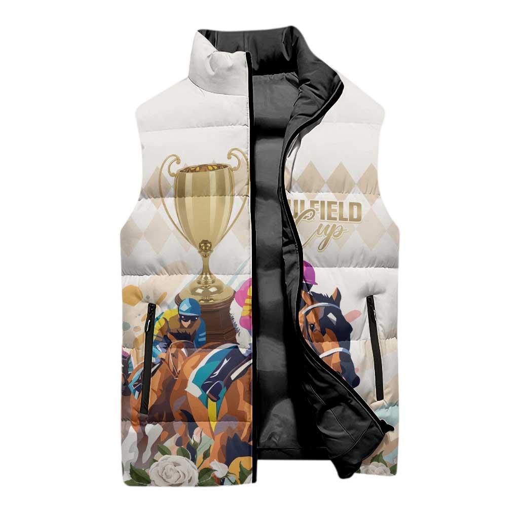 Australia Cup Caulfield Horse Racing Sleeveless Puffer Jacket Champion Trophy Mix White Roses - Wonder Print Shop