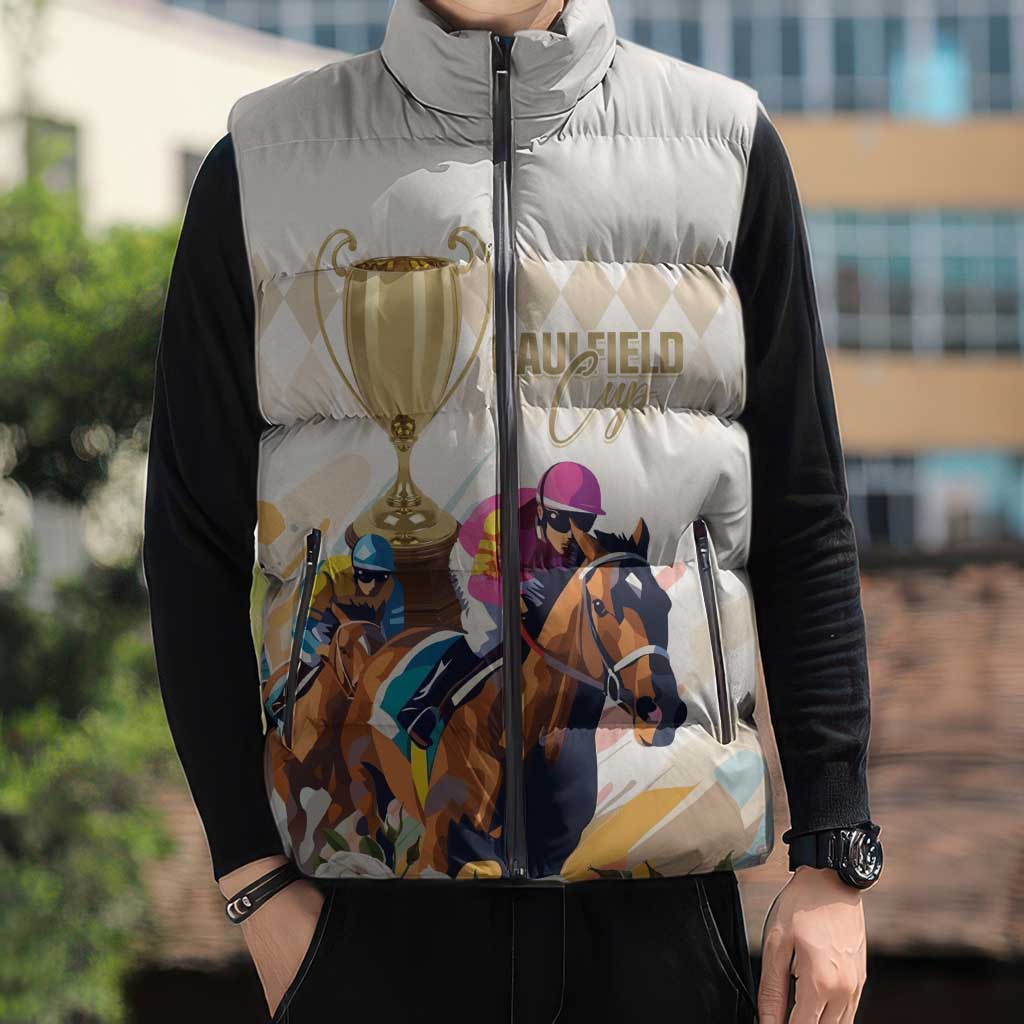 Australia Cup Caulfield Horse Racing Sleeveless Puffer Jacket Champion Trophy Mix White Roses - Wonder Print Shop