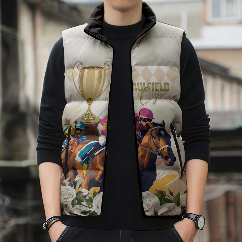 Australia Cup Caulfield Horse Racing Sleeveless Puffer Jacket Champion Trophy Mix White Roses - Wonder Print Shop