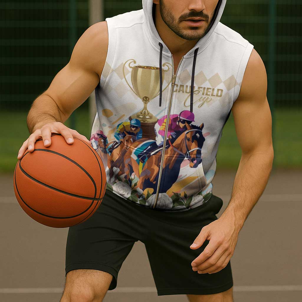 Australia Cup Caulfield Horse Racing Sleeveless Zip Hoodie Champion Trophy Mix White Roses - Wonder Print Shop