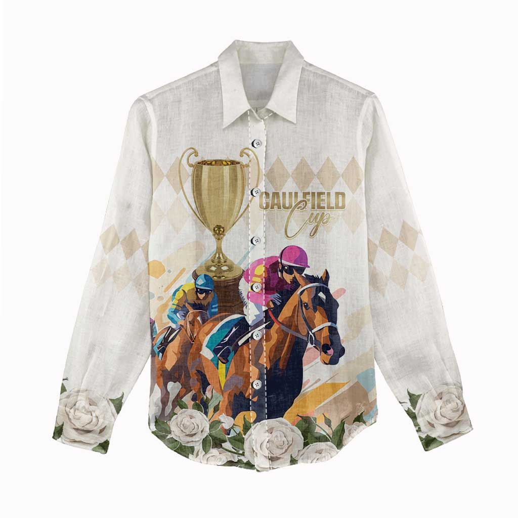 Australia Cup Caulfield Horse Racing Women Casual Shirt Champion Trophy Mix White Roses - Wonder Print Shop