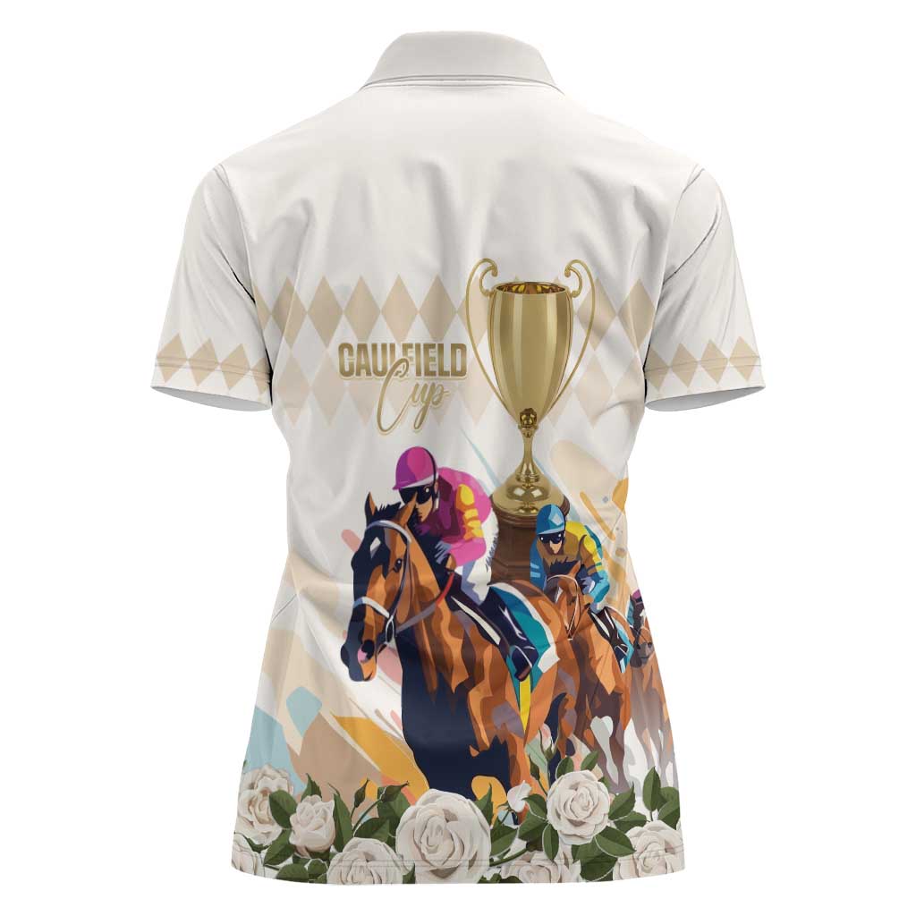 Australia Cup Caulfield Horse Racing Women Polo Shirt Champion Trophy Mix White Roses - Wonder Print Shop