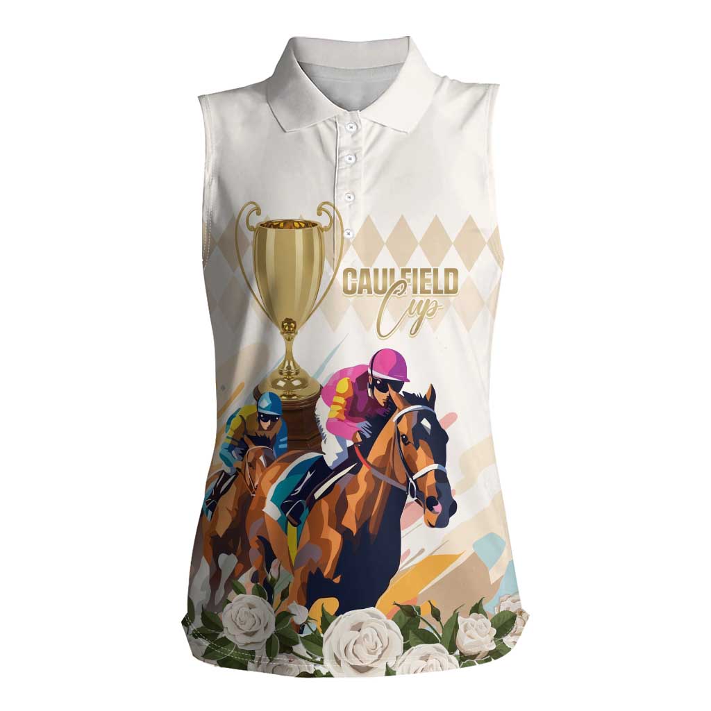 Australia Cup Caulfield Horse Racing Women Sleeveless Polo Shirt Champion Trophy Mix White Roses - Wonder Print Shop