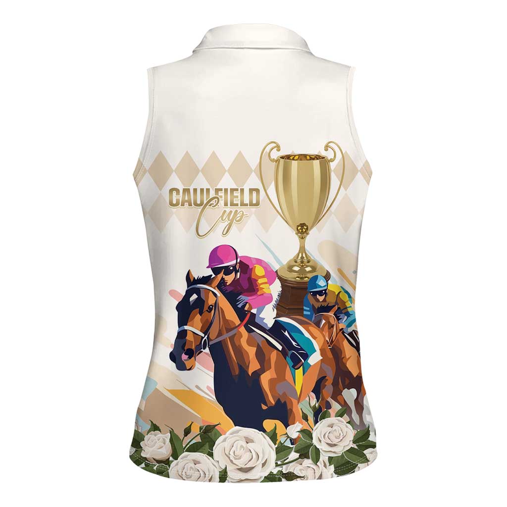 Australia Cup Caulfield Horse Racing Women Sleeveless Polo Shirt Champion Trophy Mix White Roses - Wonder Print Shop