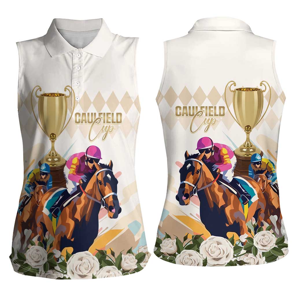Australia Cup Caulfield Horse Racing Women Sleeveless Polo Shirt Champion Trophy Mix White Roses - Wonder Print Shop
