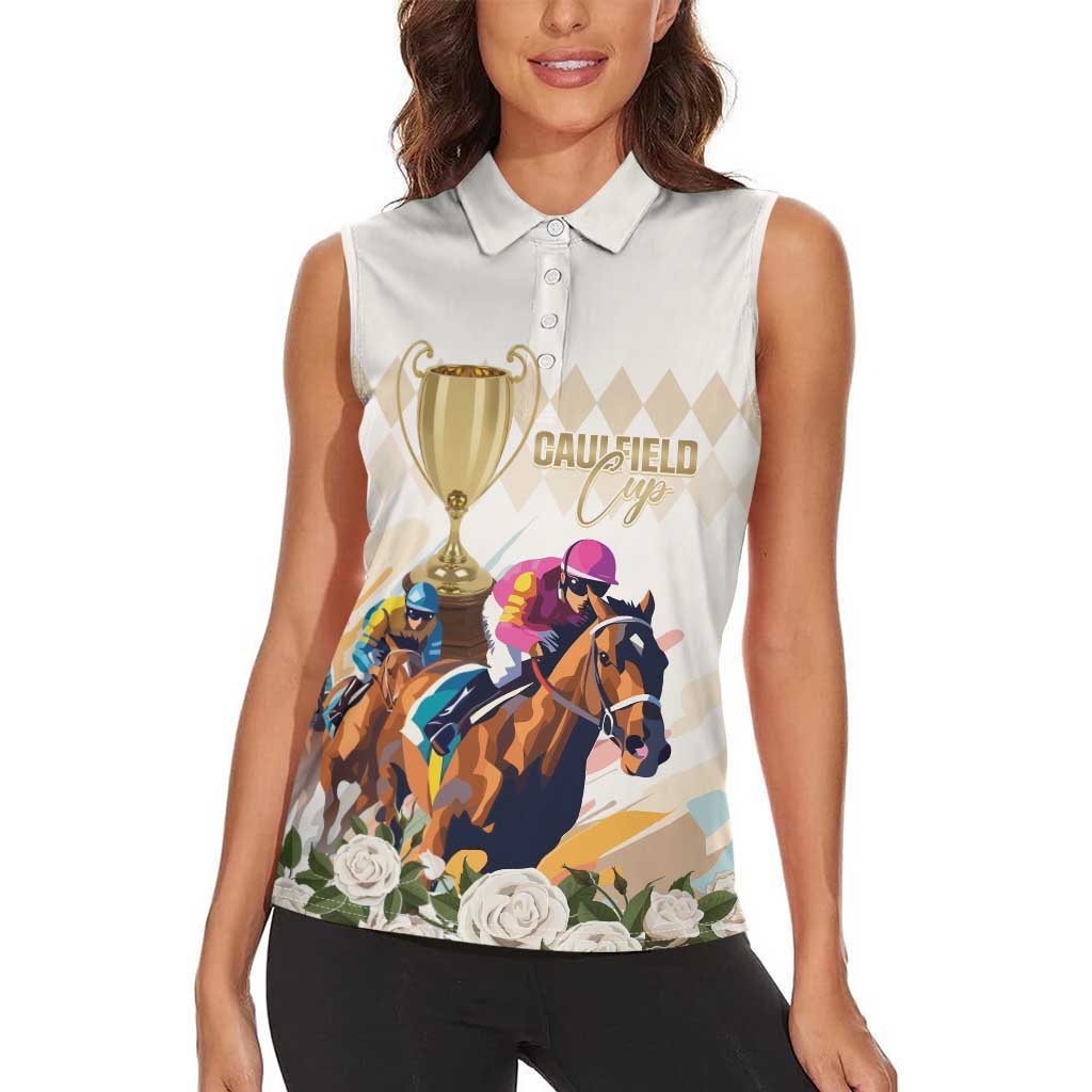 Australia Cup Caulfield Horse Racing Women Sleeveless Polo Shirt Champion Trophy Mix White Roses - Wonder Print Shop