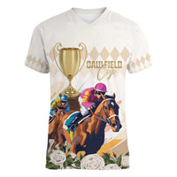 Australia Cup Caulfield Horse Racing Women V-Neck T-Shirt Champion Trophy Mix White Roses - Wonder Print Shop