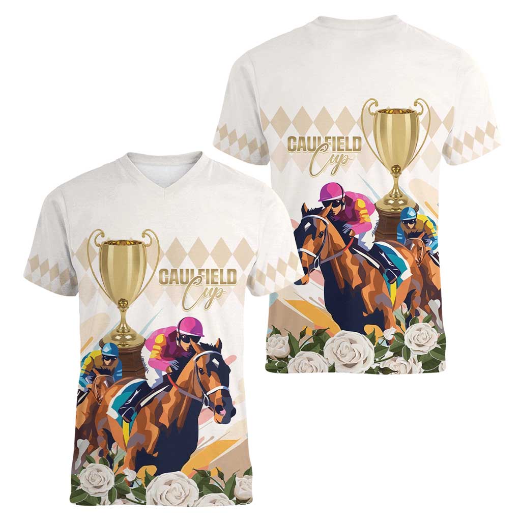 Australia Cup Caulfield Horse Racing Women V-Neck T-Shirt Champion Trophy Mix White Roses - Wonder Print Shop