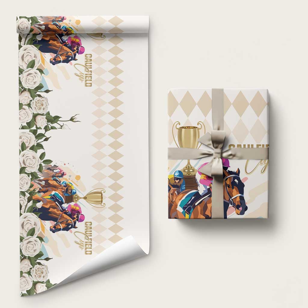 Australia Cup Caulfield Horse Racing Wrapping Paper Champion Trophy Mix White Roses - Wonder Print Shop