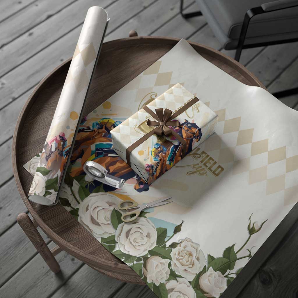 Australia Cup Caulfield Horse Racing Wrapping Paper Champion Trophy Mix White Roses - Wonder Print Shop