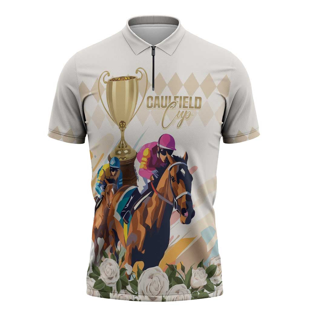 Australia Cup Caulfield Horse Racing Zipper Polo Shirt Champion Trophy Mix White Roses - Wonder Print Shop