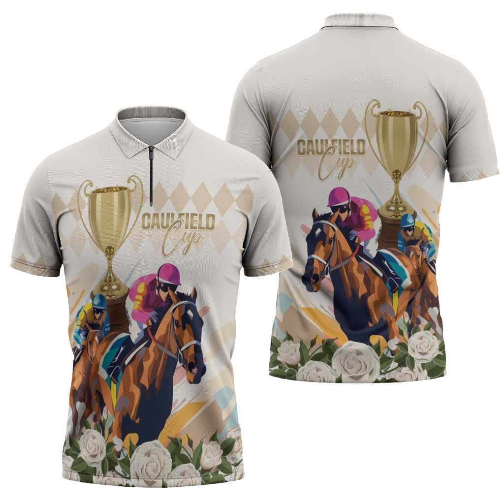 Australia Cup Caulfield Horse Racing Zipper Polo Shirt Champion Trophy Mix White Roses - Wonder Print Shop