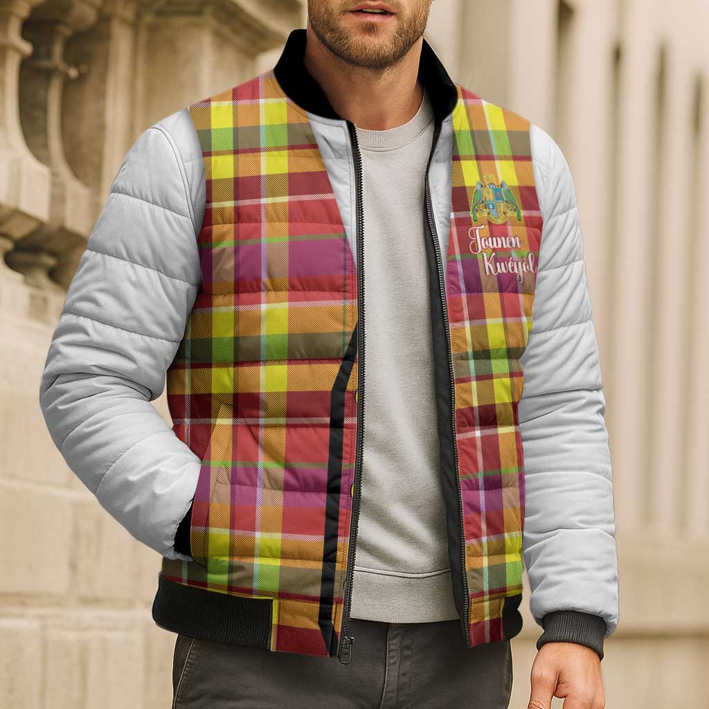 Personalized Dominica Creole Day Bomber Puffer Jacket Jounen Kweyol Red Madras Proud - Wonder Print Shop