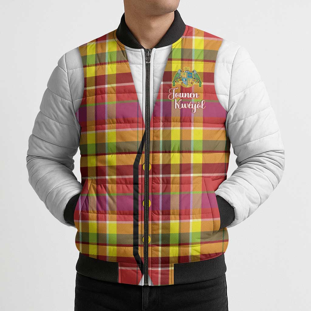 Personalized Dominica Creole Day Bomber Puffer Jacket Jounen Kweyol Red Madras Proud - Wonder Print Shop