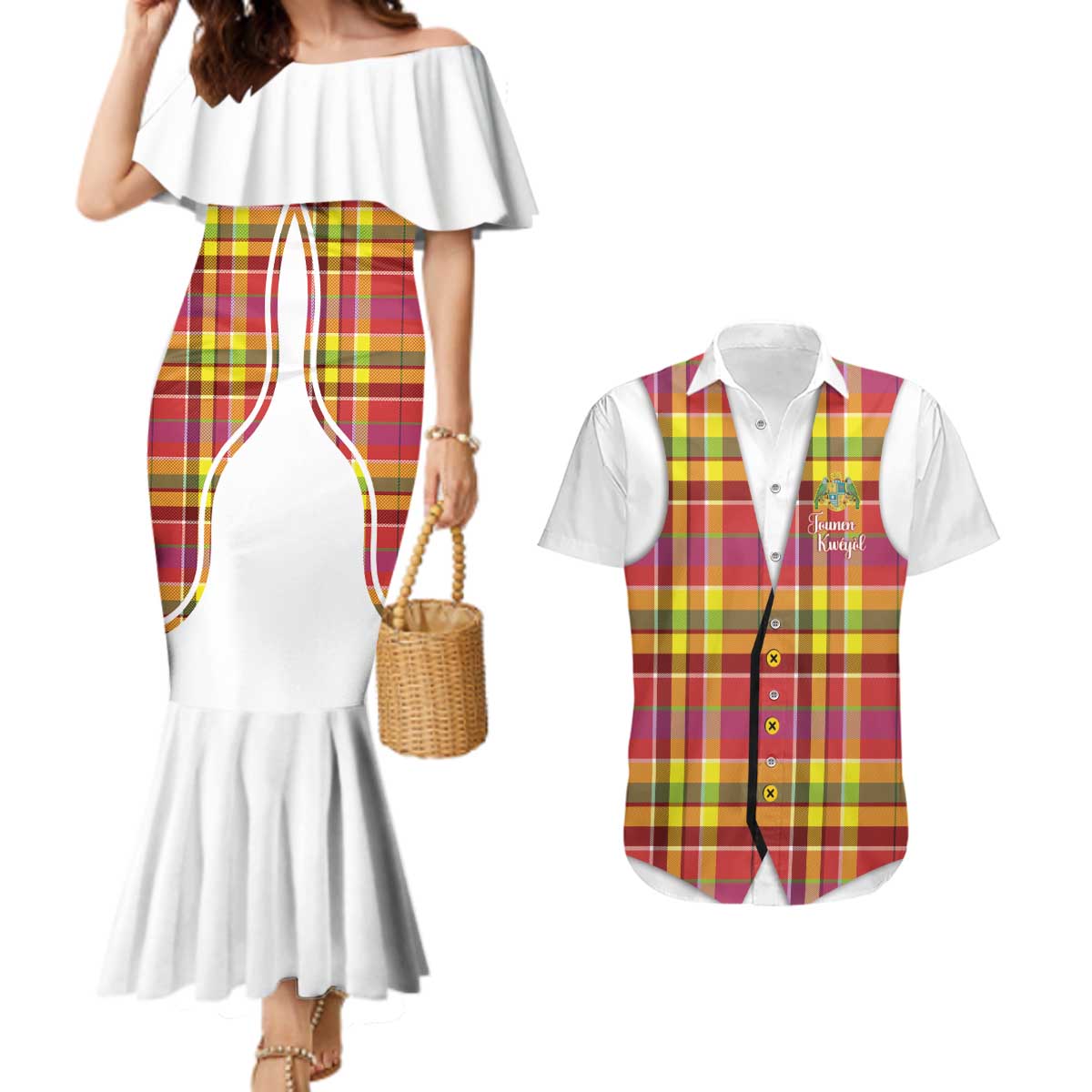 Personalized Dominica Creole Day Couples Matching Mermaid Dress and Hawaiian Shirt Jounen Kweyol Red Madras Proud - Wonder Print Shop