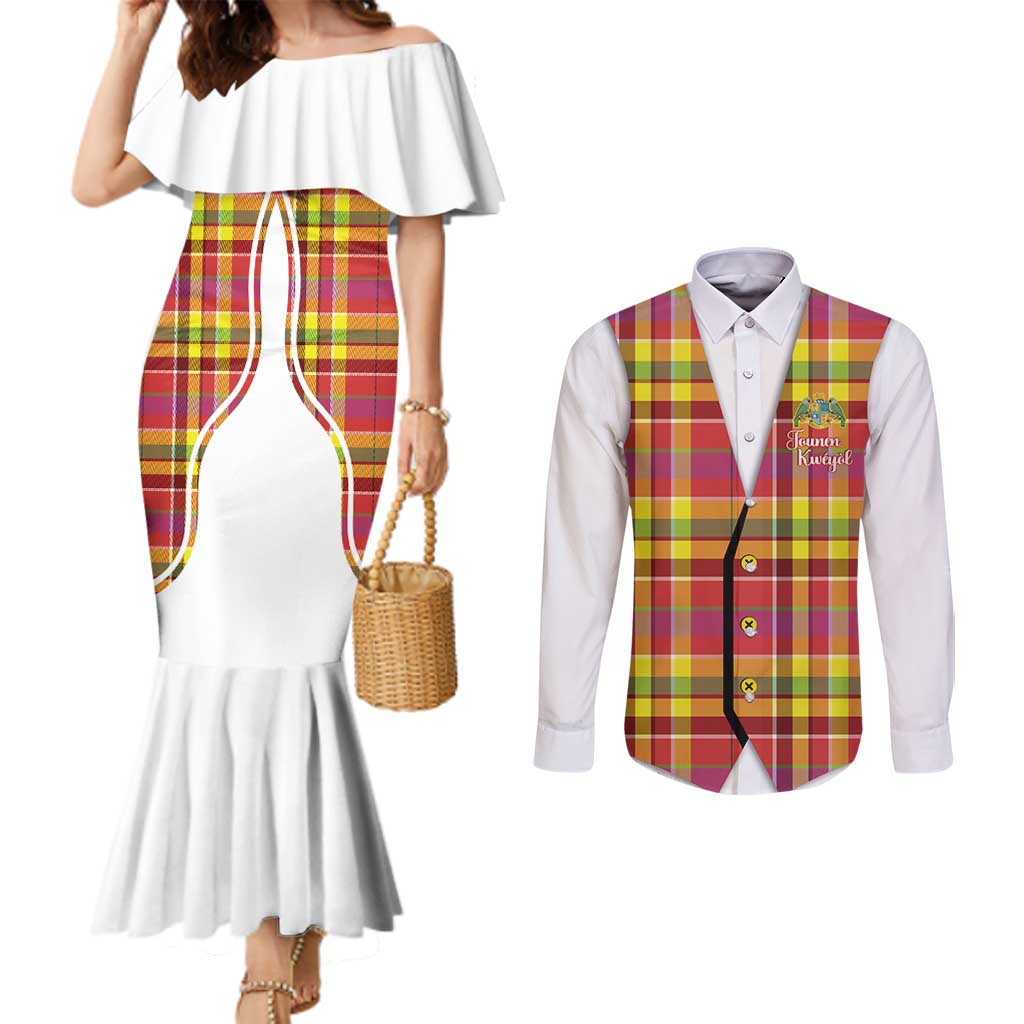 Personalized Dominica Creole Day Couples Matching Mermaid Dress and Long Sleeve Button Shirt Jounen Kweyol Red Madras Proud - Wonder Print Shop