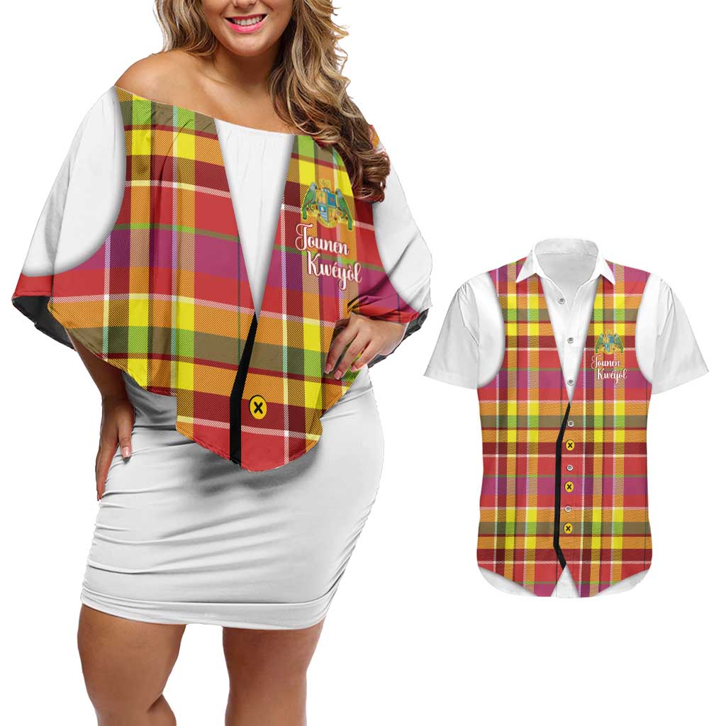 Personalized Dominica Creole Day Couples Matching Off Shoulder Short Dress and Hawaiian Shirt Jounen Kweyol Red Madras Proud - Wonder Print Shop