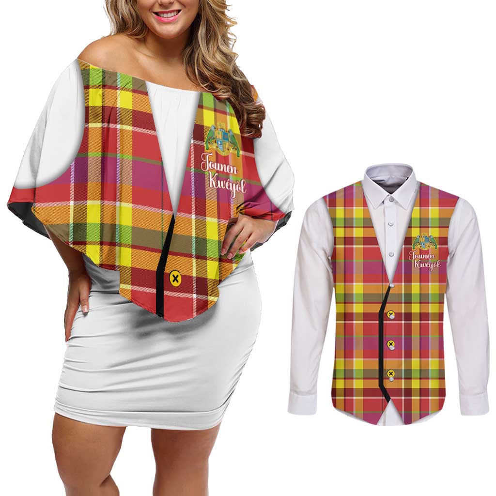 Personalized Dominica Creole Day Couples Matching Off Shoulder Short Dress and Long Sleeve Button Shirt Jounen Kweyol Red Madras Proud - Wonder Print Shop