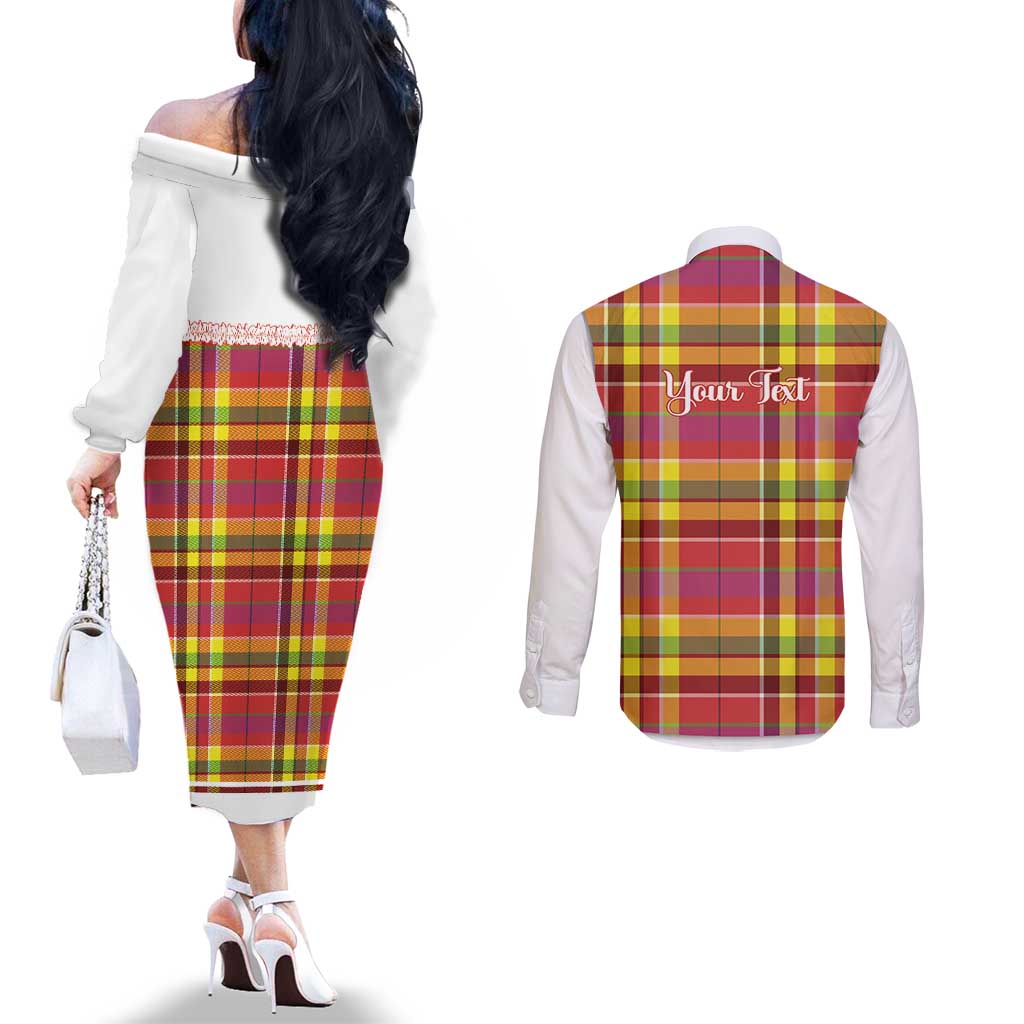Personalized Dominica Creole Day Couples Matching Off The Shoulder Long Sleeve Dress and Long Sleeve Button Shirt Jounen Kweyol Red Madras Proud - Wonder Print Shop
