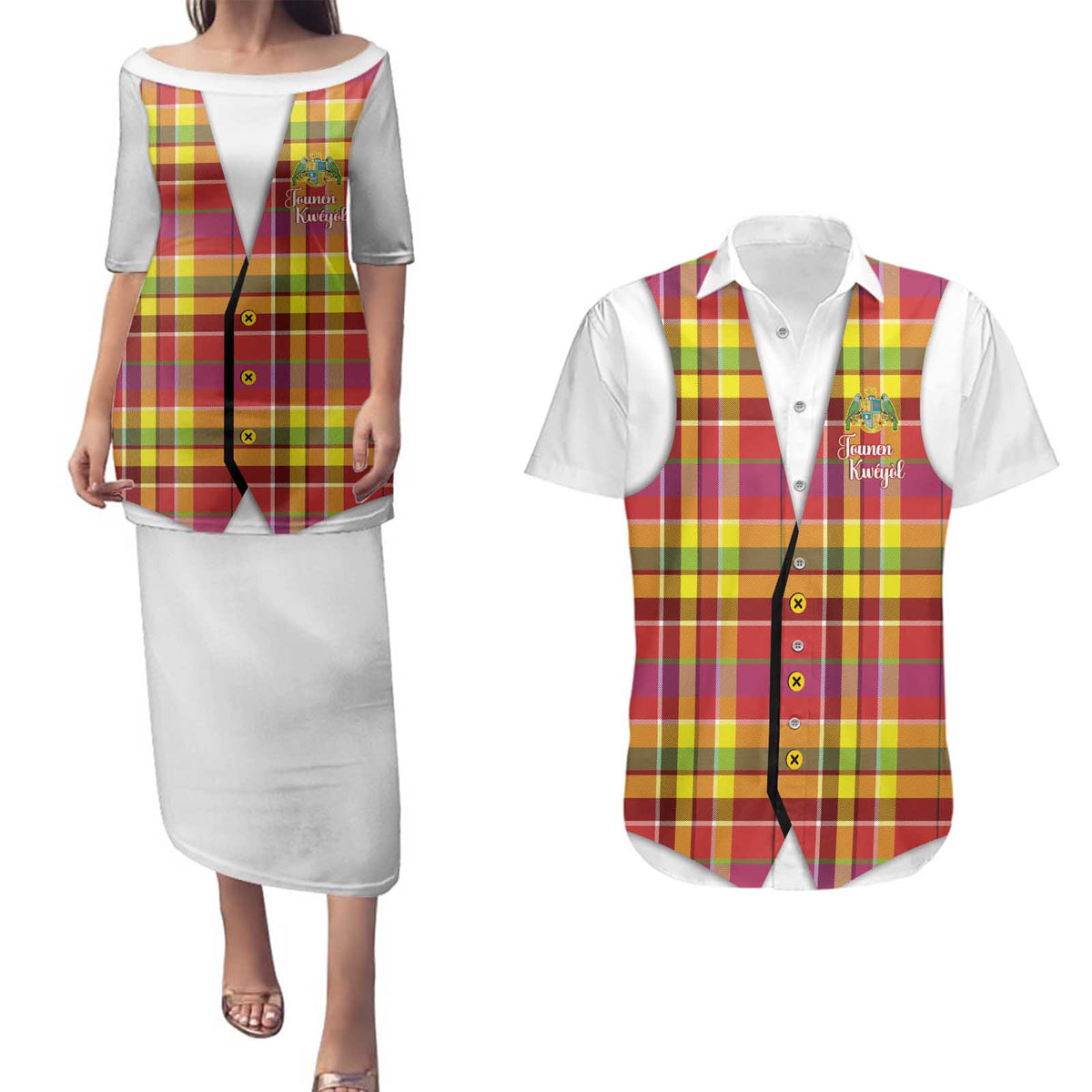 Personalized Dominica Creole Day Couples Matching Puletasi and Hawaiian Shirt Jounen Kweyol Red Madras Proud - Wonder Print Shop