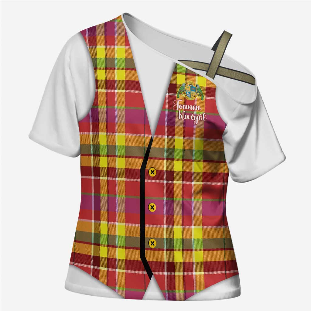 Personalized Dominica Creole Day Cross Shoulder Shirt Jounen Kweyol Red Madras Proud - Wonder Print Shop