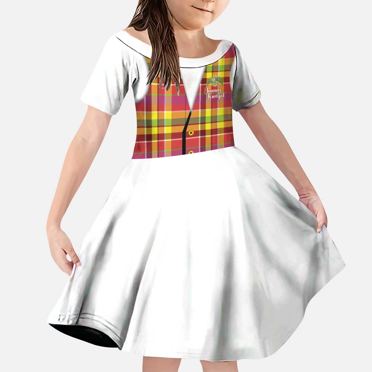 Personalized Dominica Creole Day Kid Short Sleeve Dress Jounen Kweyol Red Madras Proud - Wonder Print Shop