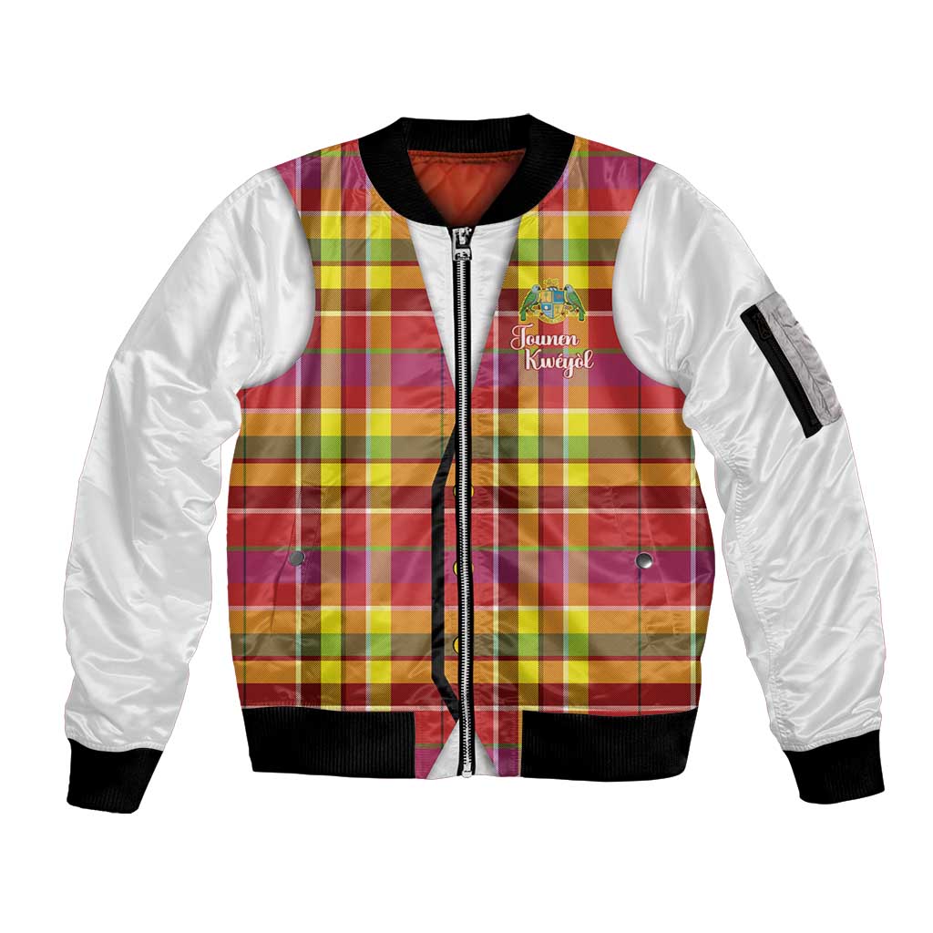 Personalized Dominica Creole Day Sleeve Zip Bomber Jacket Jounen Kweyol Red Madras Proud - Wonder Print Shop