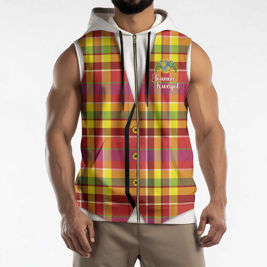 Personalized Dominica Creole Day Sleeveless Zip Hoodie Jounen Kweyol Red Madras Proud - Wonder Print Shop