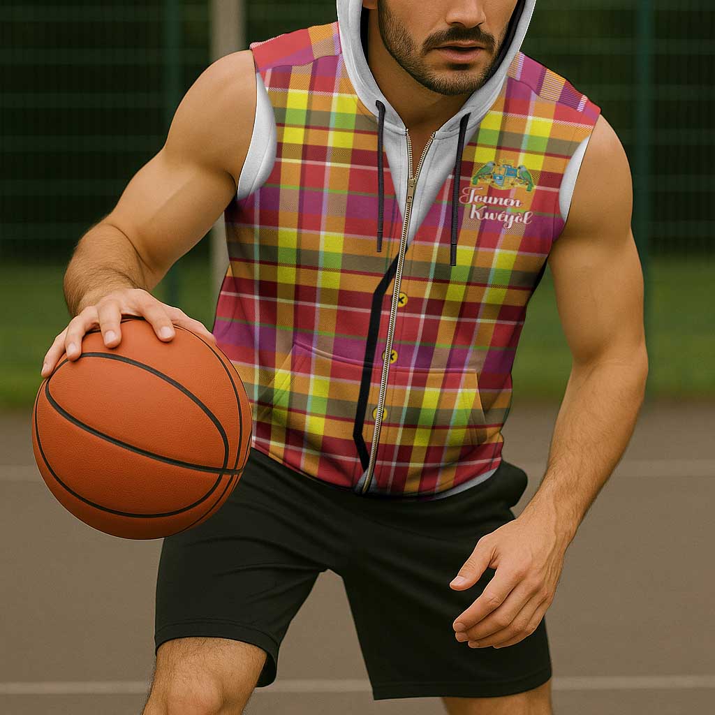 Personalized Dominica Creole Day Sleeveless Zip Hoodie Jounen Kweyol Red Madras Proud - Wonder Print Shop