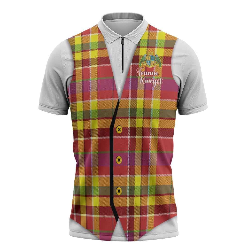 Personalized Dominica Creole Day Zipper Polo Shirt Jounen Kweyol Red Madras Proud - Wonder Print Shop