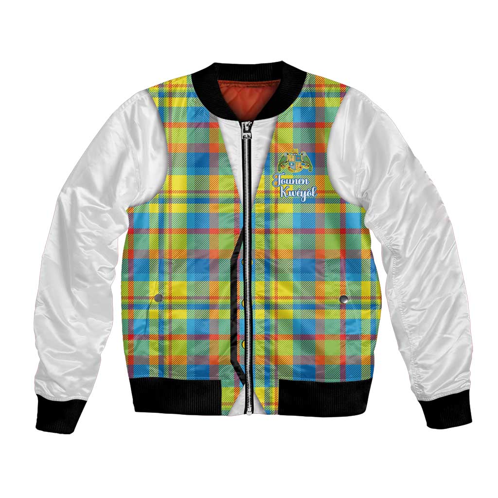 Personalized Dominica Creole Day Bomber Jacket Jounen Kweyol Blue Madras Proud - Wonder Print Shop