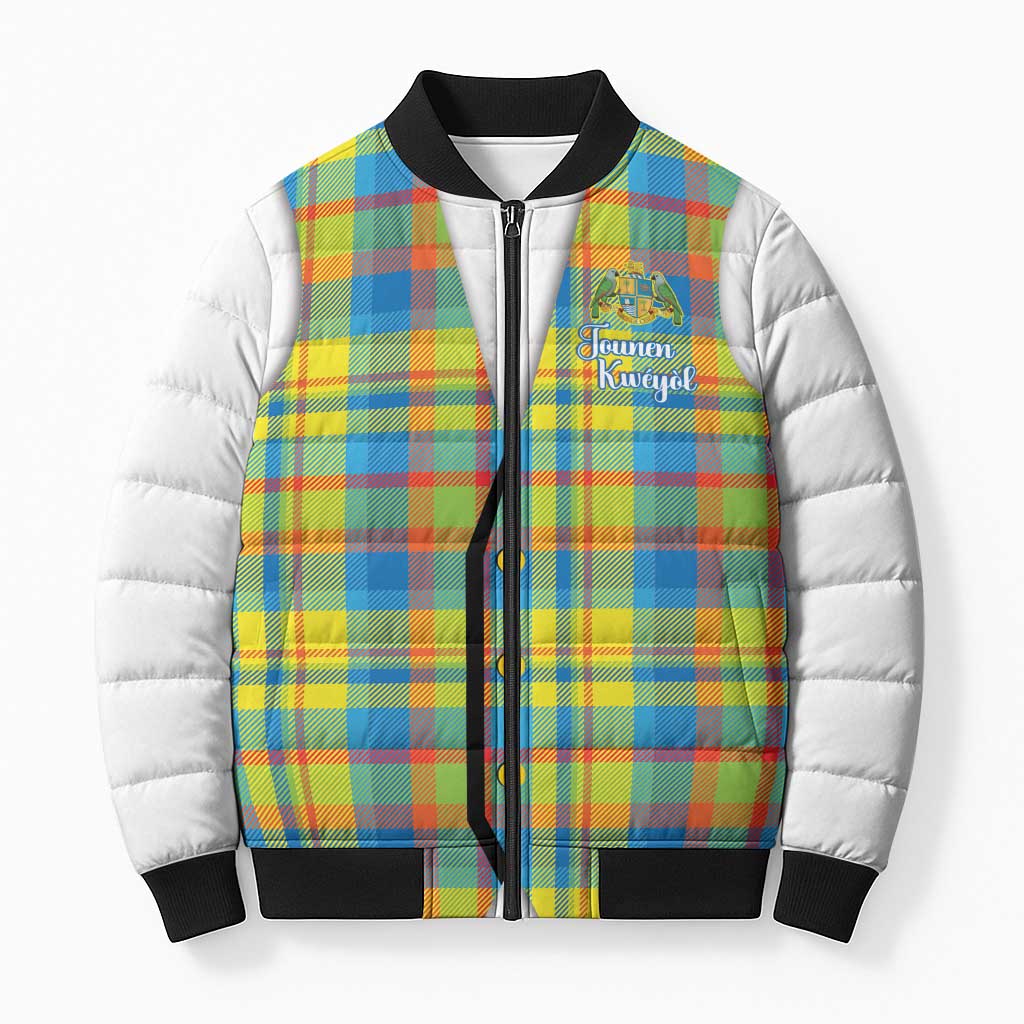 Personalized Dominica Creole Day Bomber Puffer Jacket Jounen Kweyol Blue Madras Proud - Wonder Print Shop
