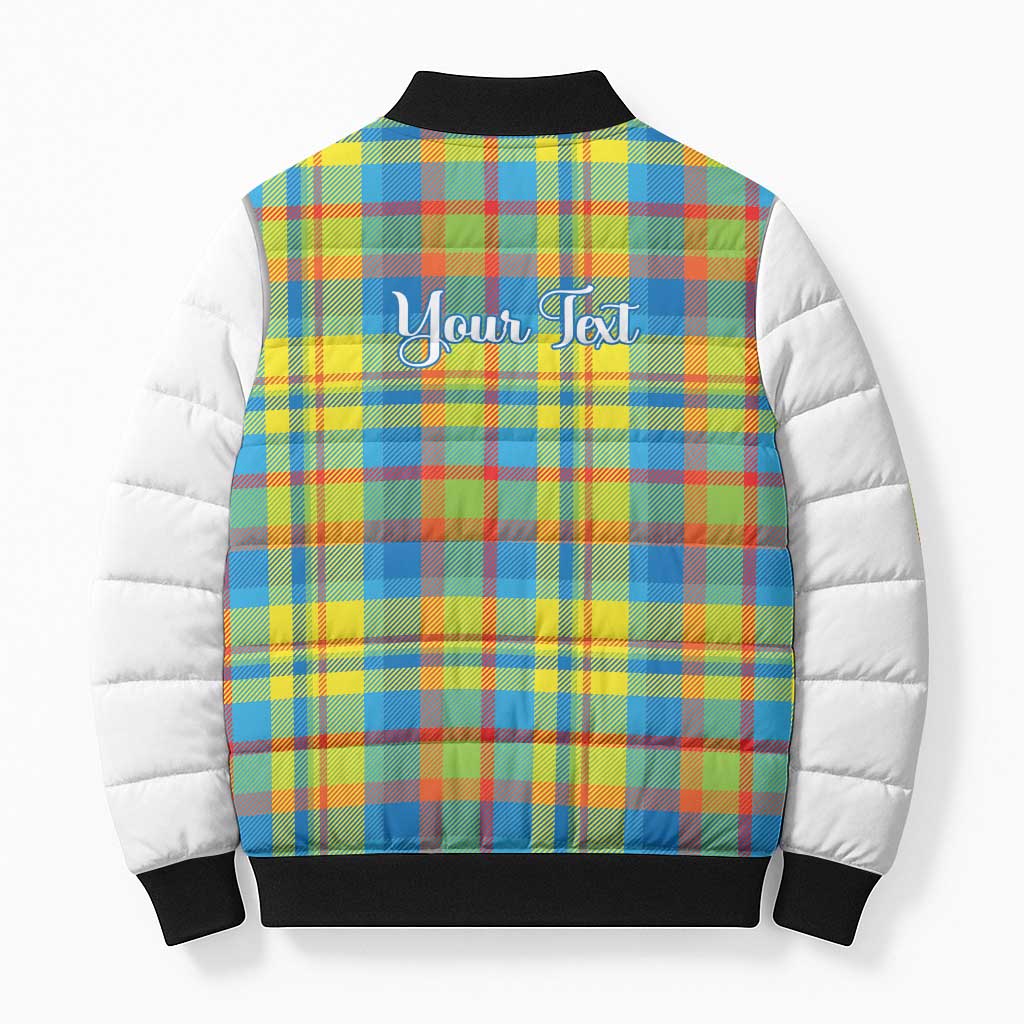 Personalized Dominica Creole Day Bomber Puffer Jacket Jounen Kweyol Blue Madras Proud - Wonder Print Shop