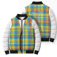 Personalized Dominica Creole Day Bomber Puffer Jacket Jounen Kweyol Blue Madras Proud - Wonder Print Shop