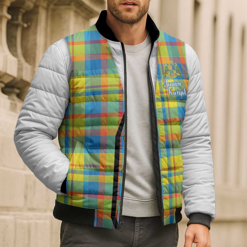 Personalized Dominica Creole Day Bomber Puffer Jacket Jounen Kweyol Blue Madras Proud - Wonder Print Shop