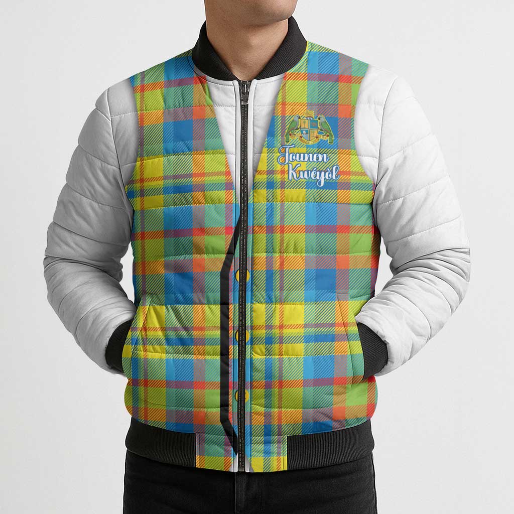 Personalized Dominica Creole Day Bomber Puffer Jacket Jounen Kweyol Blue Madras Proud - Wonder Print Shop