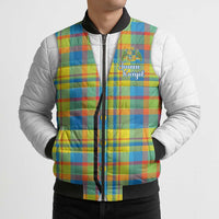 Personalized Dominica Creole Day Bomber Puffer Jacket Jounen Kweyol Blue Madras Proud - Wonder Print Shop