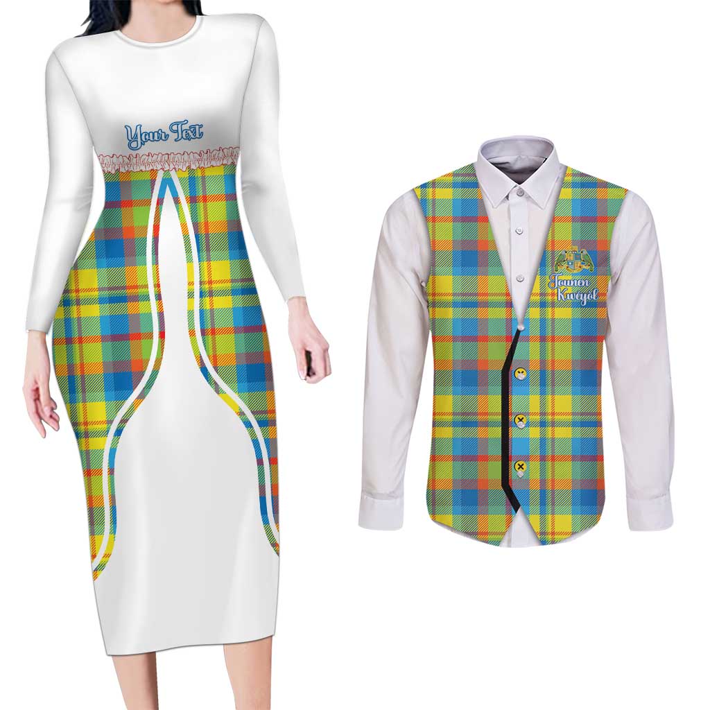 Personalized Dominica Creole Day Couples Matching Long Sleeve Bodycon Dress and Long Sleeve Button Shirt Jounen Kweyol Blue Madras Proud - Wonder Print Shop