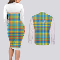 Personalized Dominica Creole Day Couples Matching Long Sleeve Bodycon Dress and Long Sleeve Button Shirt Jounen Kweyol Blue Madras Proud - Wonder Print Shop