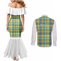 Personalized Dominica Creole Day Couples Matching Mermaid Dress and Long Sleeve Button Shirt Jounen Kweyol Blue Madras Proud - Wonder Print Shop